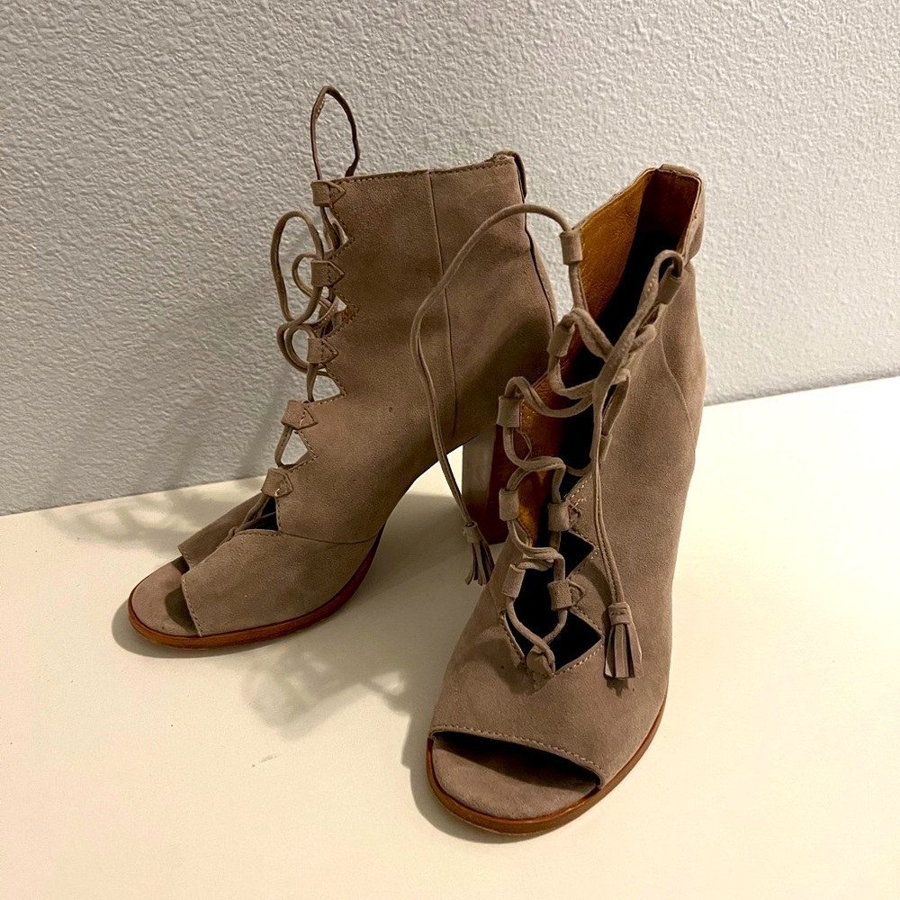 Frye gray suede open toe bootie